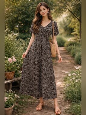 ROOLEE Dark Floral Maxi Dress Sz Med Black Prairie Cottagecore Garden Party